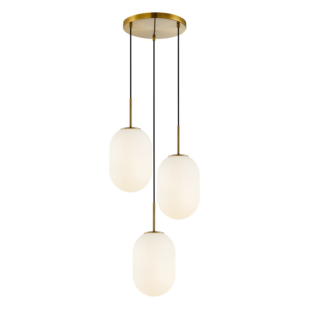 Lampa wisząca z trzema oprawami na żarówki E14. Klasyczny design z okrągłymi, mlecznymi kloszami w białym kolorze, zawieszonymi na złotych mocowaniach. Ułożona w pionie, idealna do nowoczesnych wnętrz.