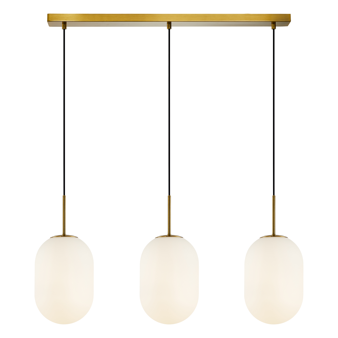 Lampa wisząca Alias 3xE14 w kolorze złotym, z trzema owalnymi kloszami z mlecznego szkła zawieszonymi na czarnych linkach. Montaż sufitowy, minimalistyczny design, idealna do nowoczesnych wnętrz.