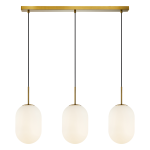 Lampa wisząca Alias 3xE14 w kolorze złotym, z trzema owalnymi kloszami z mlecznego szkła zawieszonymi na czarnych linkach. Montaż sufitowy, minimalistyczny design, idealna do nowoczesnych wnętrz.