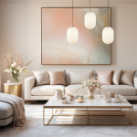 Lampa wisząca Alias 3xE14 w kolorze złotym, z trzema okrągłymi kloszami w białym matowym wykończeniu, zawieszona w eleganckim wnętrzu z jasną sofą i stylowym stołem kawowym. Tło z pastelowym obrazem na ścianie.