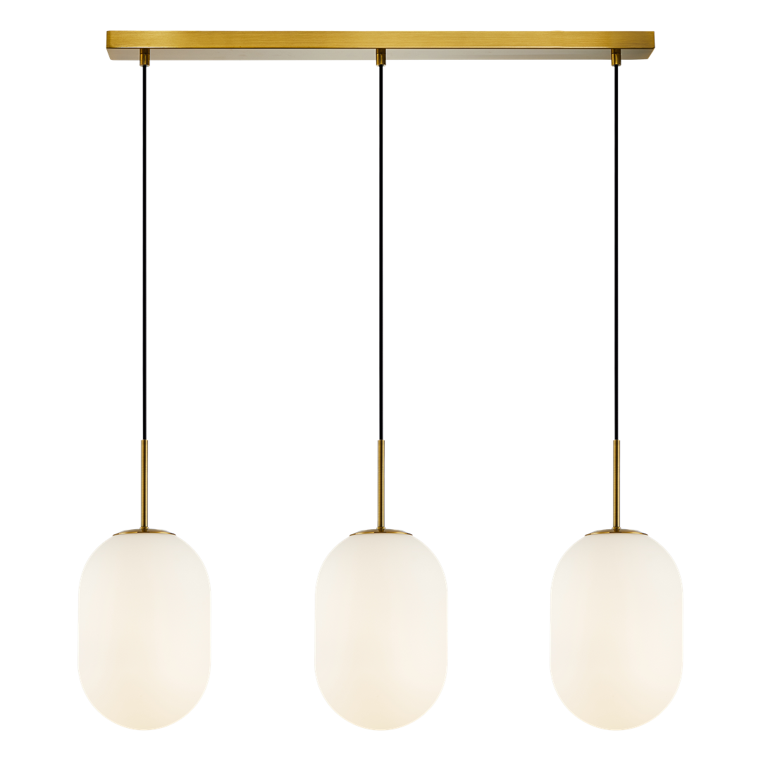 Lampa wisząca Alias z trzema okrągłymi kloszami w matowej bieli zawieszona na złotej listwie, z czarnymi przewodami. Klosze w kształcie owalnym, subtelnie rozjaśniają przestrzeń. Idealna do nowoczesnych wnętrz.