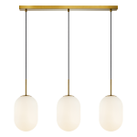 Lampa wisząca Alias z trzema okrągłymi kloszami w matowej bieli zawieszona na złotej listwie, z czarnymi przewodami. Klosze w kształcie owalnym, subtelnie rozjaśniają przestrzeń. Idealna do nowoczesnych wnętrz.