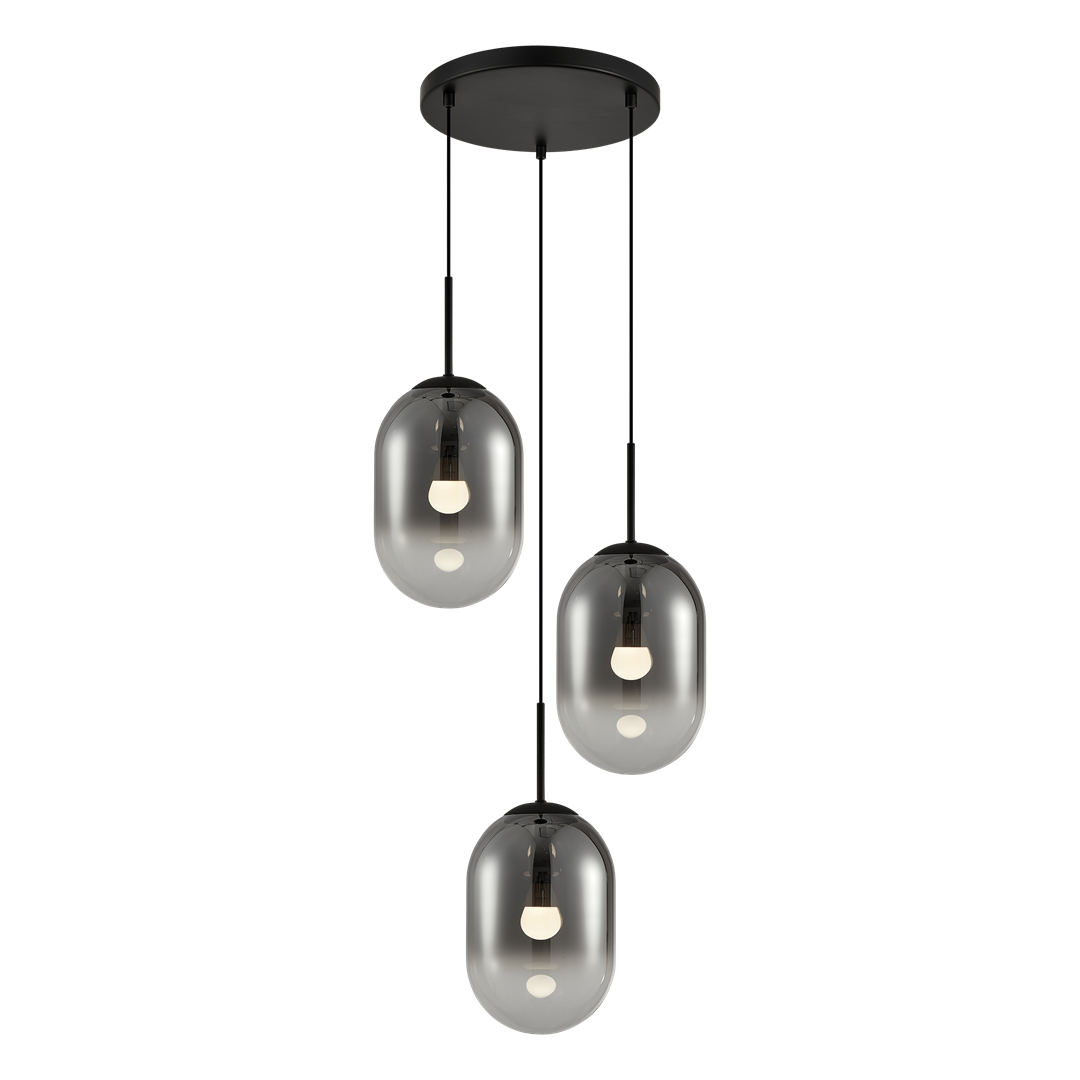 Lampa wisząca Alias 3xE14 w kolorze czarnym, składająca się z trzech szklanych kloszy w kształcie owalnym, zawieszonych na cienkich linkach. Klosze mają lekko przyciemnione szkło, a w każdym znajduje się żarówka. Montaż sufitowy, minimalistyczny design.