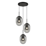 Lampa wisząca Alias 3xE14 w kolorze czarnym, składająca się z trzech szklanych kloszy w kształcie owalnym, zawieszonych na cienkich linkach. Klosze mają lekko przyciemnione szkło, a w każdym znajduje się żarówka. Montaż sufitowy, minimalistyczny design.
