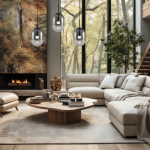 Lampa wisząca Alias z trzema źródłami światła E14, czarna, o nowoczesnym kształcie. Zawieszona w stylowym wnętrzu z dużymi oknami i naturalnym oświetleniem, w otoczeniu jasnej kanapy i drewnianego stołu.