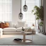 Lampa wisząca Alias D12 w kolorze czarnym z jednym gniazdem E14, zawieszona w nowoczesnym wnętrzu. W kształcie owalnym, z przezroczystym kloszem, w otoczeniu jasnej kanapy i rośliny. Idealna do stylizacji salonu.