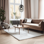 Czarna lampa wisząca Alias D24 z jedną oprawą E14, umieszczona nad drewnianym stolikiem w stylowym salonie. W tle widoczne okna z zasłonami oraz elegancka kanapa w odcieniu beżu.