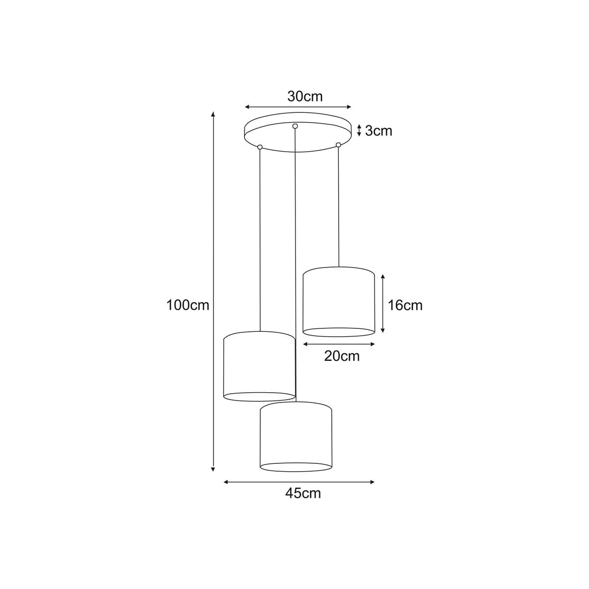 Czarna lampa wisząca Zimbo z trzema kloszami E27, o średnicy 20 cm i wysokości 16 cm, zawieszona na 100 cm linkach. Średnica podstawy 30 cm, odstęp między kloszami 45 cm. Prosty, nowoczesny design, idealna do różnych wnętrz.