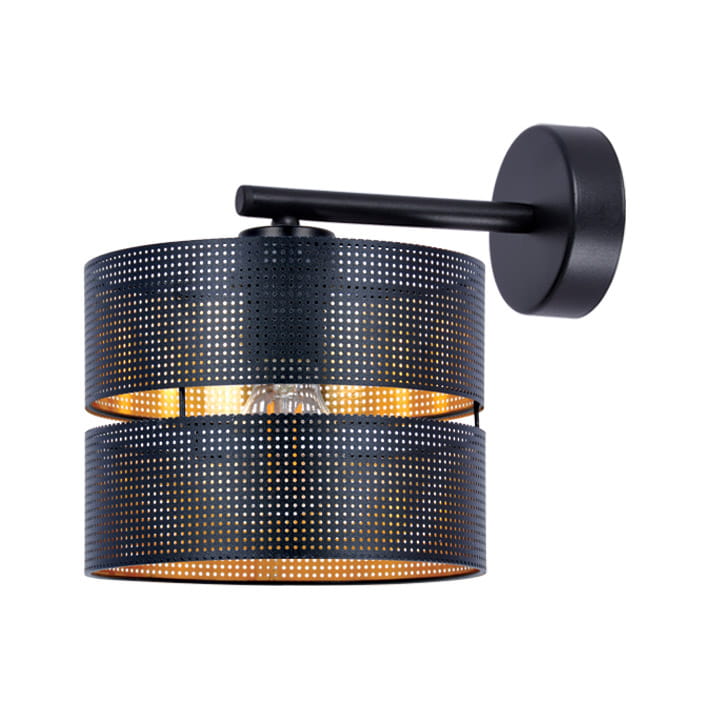 Kinkiet Zimbo 1xE27 w kolorze czarnym, z metalowym kloszem w formie dwóch perforowanych cylindrów. Uchwyt ścienny i podstawa w matowym wykończeniu. Widoczna żarówka w środku, montowany na ścianie.
