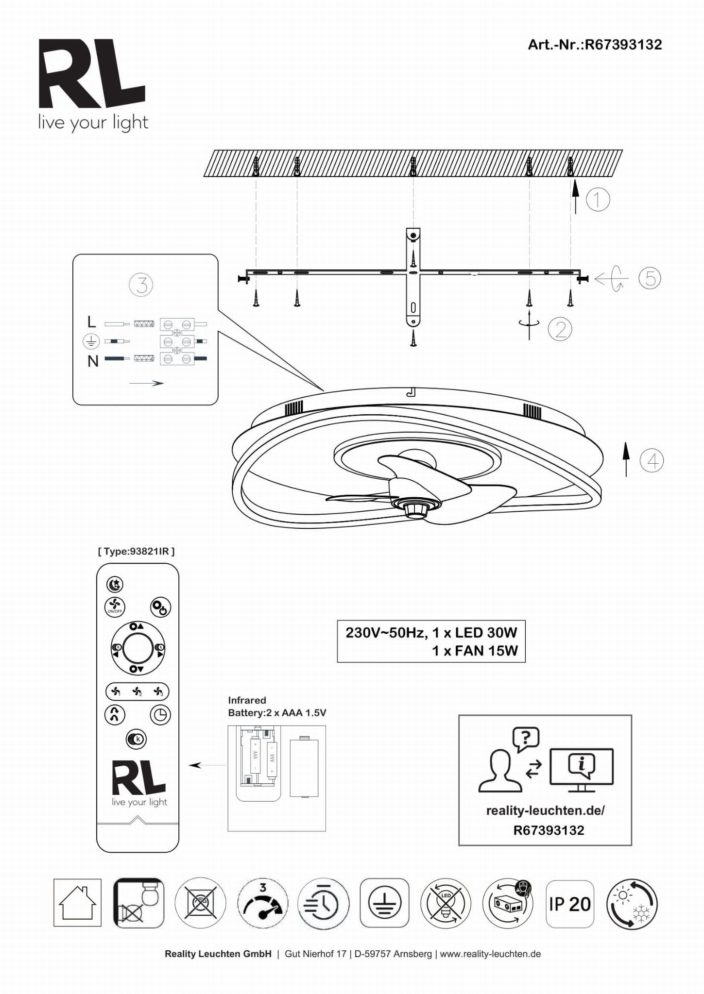 Czarna lampa sufitowa Sortland z wentylatorem i pilotem, wyposażona w LED o mocy 30W. Okrągły kształt z widocznym wentylatorem w środku. Produkt zamontowany na suficie, z instrukcją obsługi obok. Idealna do nowoczesnych wnętrz.