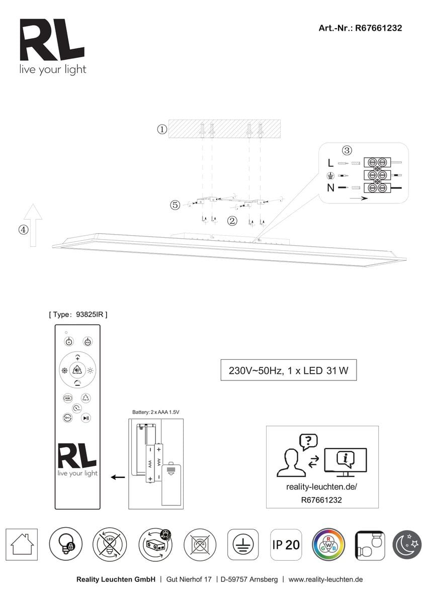 Plafon Beta w kolorze czarnym, z pilotem, z jedną diodą LED o mocy 31W, świecący w kolorach RGBW. Ujęcie frontalne, pokazujące przyciski na pilocie oraz schemat montażowy. Produkt przeznaczony do montażu sufitowego.