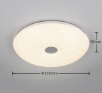 Plafon Gravity w kolorze białym, wykonany z materiału teksturowanego, o średnicy 375 mm i wysokości 75 mm. Posiada 1 żarówkę LED 22W oraz pilot do zdalnego sterowania. Ujęcie z góry, ukazujące detale wzoru.