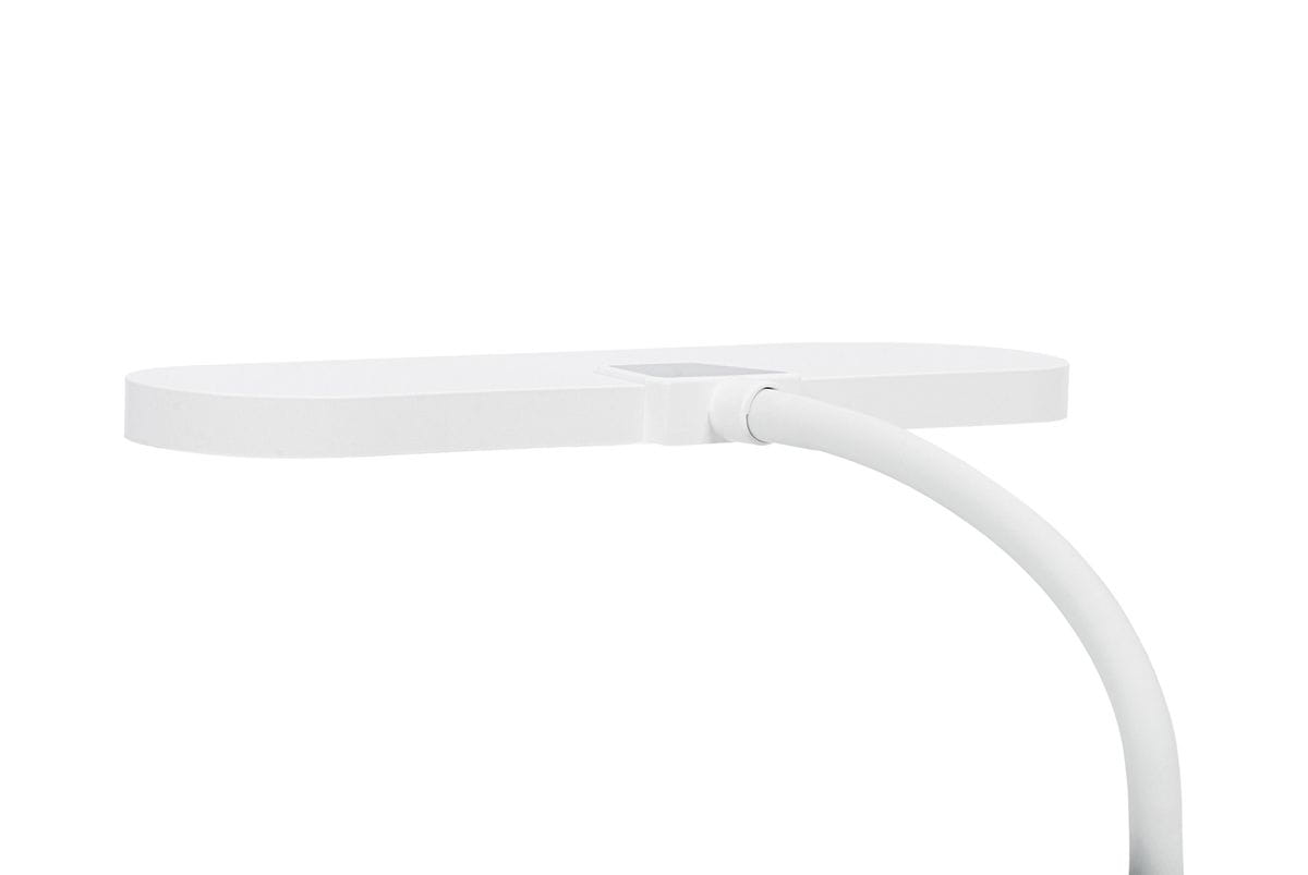 Biała lampka biurkowa Dafi LED z jedną diodą LED o mocy 10W. Posiada prostokątną, płaską głowicę oraz elastyczny, zakrzywiony korpus. Widoczny kabel zasilający, minimalistyczny design.