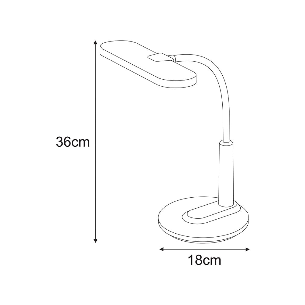 Biała lampka biurkowa Dafi z elastycznym ramieniem, wysokość 36 cm, szerokość podstawy 18 cm. Posiada zintegrowane źródło światła LED o mocy 10W. Prosty, nowoczesny design, idealna do biura lub nauki.