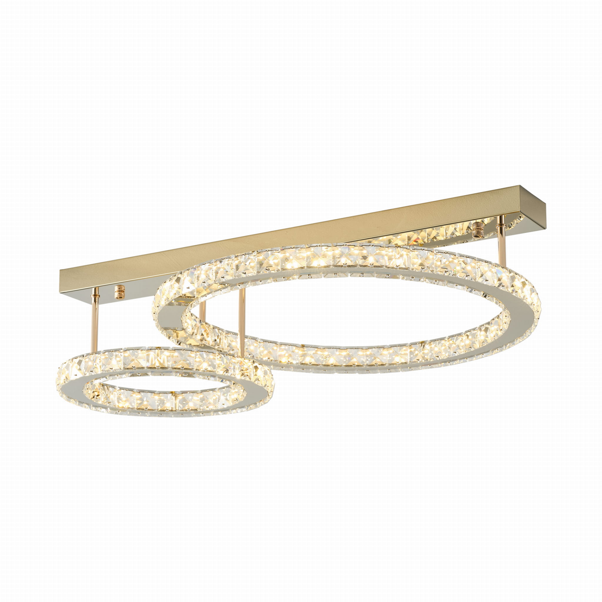Lampa sufitowa Girona 2xLED/36W w kolorze złotym, z dwoma pierścieniami oświetleniowymi, umieszczonymi na prostokątnej podstawie. Pierścienie zdobione są przezroczystymi elementami, co tworzy efektowną iluminację. Zawieszona w górnej pozycji.