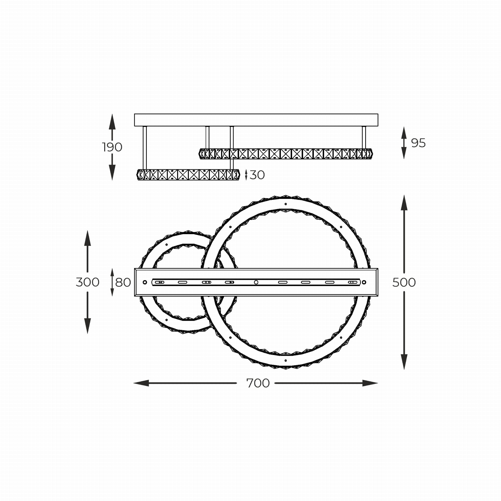 Girona lampa sufitowa 2xLED/36W w kolorze złotym, z dwiema okrągłymi oprawami. Produkt o wymiarach 700 mm szerokości i 300 mm wysokości, zawieszony na prostokątnej podstawie. Wykonana z materiałów metalowych, z dekoracyjnym detalem w kształcie plecionki.