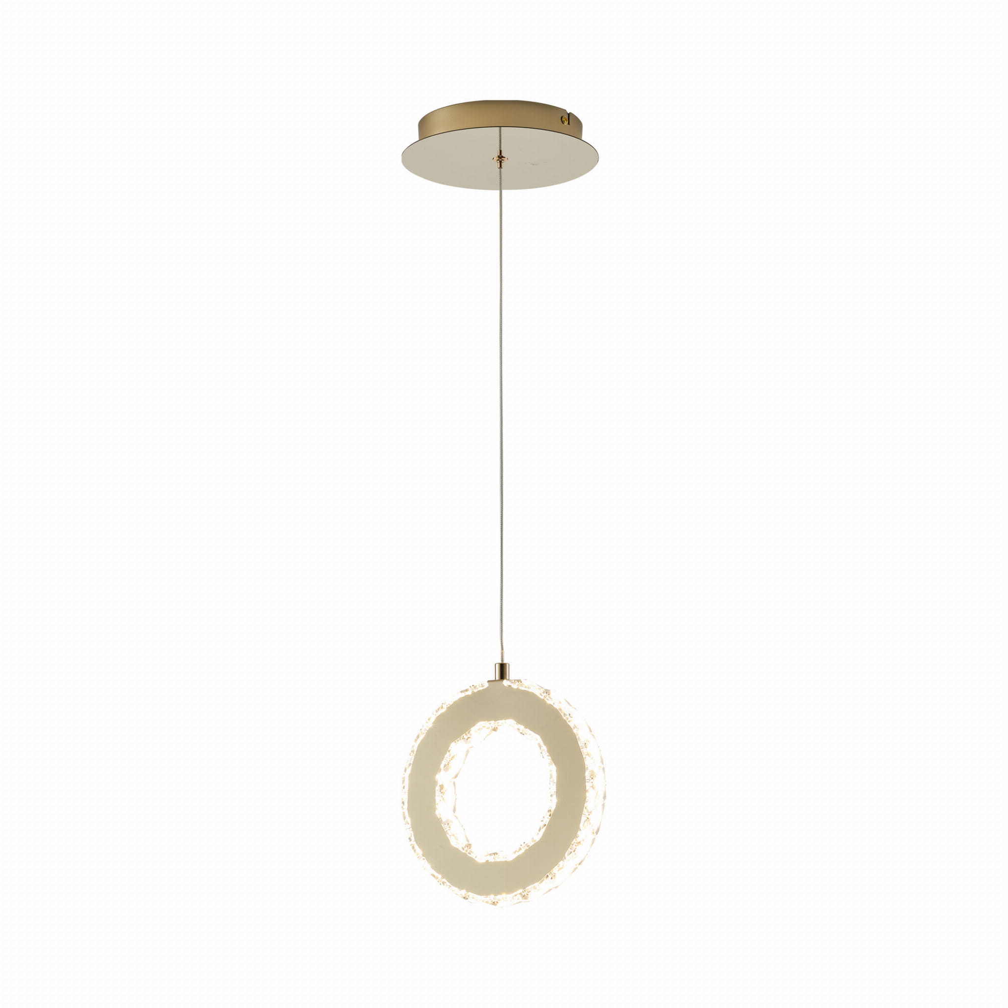 Lampa wisząca Girona 1xLED/10W w kolorze złotym, z okrągłym kloszem o fakturze przypominającej koronę, zawieszona na cienkim przewodzie, z metalowym sufitem. Idealna do nowoczesnych wnętrz.