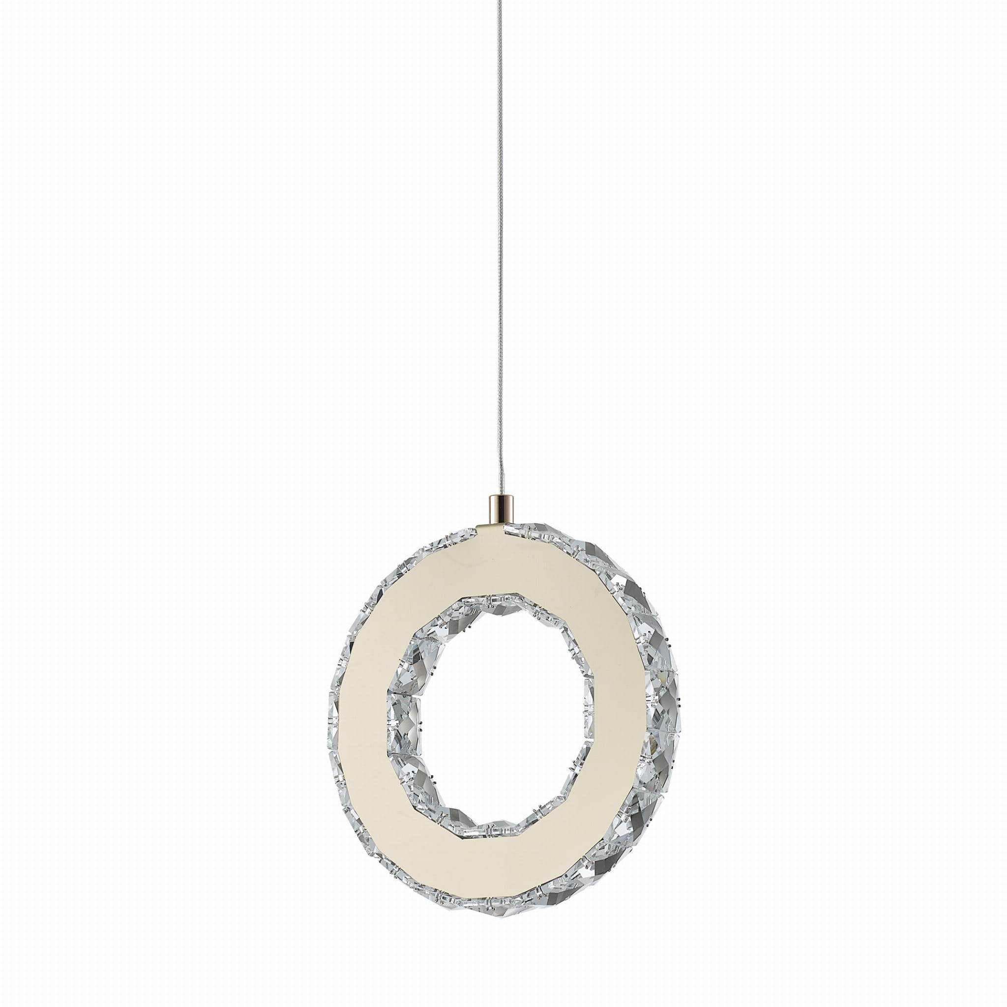 Złota lampa wisząca Girona z pojedynczym źródłem LED 10W, o okrągłym kształcie z przezroczystymi akcentami. Zawieszona na cienkim kablu, z widocznym wnętrzem w formie otworu, podkreśla nowoczesny design. Tło białe, minimalistyczne.
