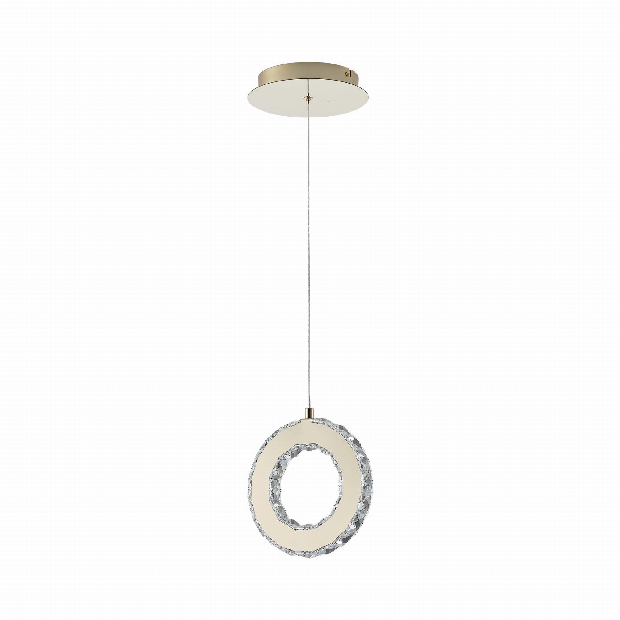 Lampa wisząca Girona z jedną żarówką LED 10W. Złota oprawa z przezroczystym, okrągłym kloszem z kryształowymi detali. Zawieszona na cienkim przewodzie, umieszczona pod okrągłym, złotym sufitem. Minimalistyczny design, idealna do nowoczesnych wnętrz.