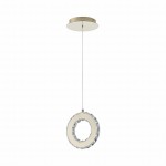 Lampa wisząca Girona z jedną żarówką LED 10W. Złota oprawa z przezroczystym, okrągłym kloszem z kryształowymi detali. Zawieszona na cienkim przewodzie, umieszczona pod okrągłym, złotym sufitem. Minimalistyczny design, idealna do nowoczesnych wnętrz.