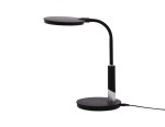 Lampka biurkowa Dino LED w kolorze czarnym, z metalowym, okrągłym stelażem. Wysoka na około 40 cm, z elastycznym ramieniem i okrągłą głowicą. Posiada jedno źródło światła LED o mocy 10W, podłączona kablem. Tło proste, białe.