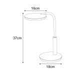 Czarna lampka biurkowa Dino LED, wysokość 37 cm, podstawa o średnicy 18 cm i klosz o średnicy 16 cm. Elastyczna szyja umożliwia regulację kąta padania światła. Prosty, nowoczesny design, idealna do biura lub na stół.