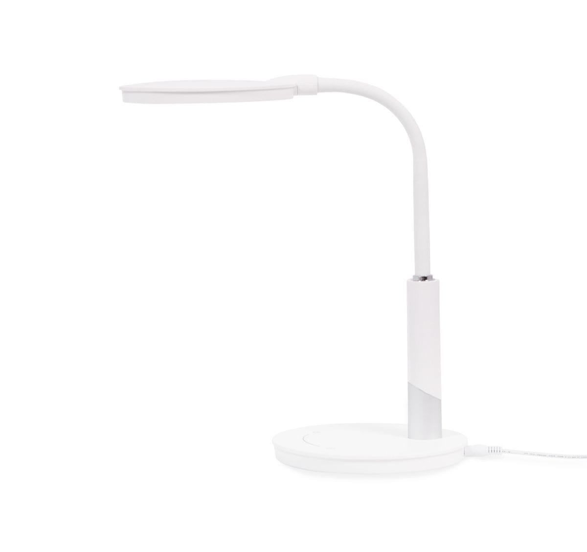 Lampka biurkowa Dino LED w kolorze białym, z elastycznym ramieniem i okrągłą podstawą. Wyposażona w diodę LED o mocy 10W, z dotykowym włącznikiem na podstawie. Stoi w pozycji pionowej.