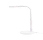 Lampka biurkowa Dino LED w kolorze białym, z elastycznym ramieniem i okrągłą podstawą. Wyposażona w diodę LED o mocy 10W, z dotykowym włącznikiem na podstawie. Stoi w pozycji pionowej.