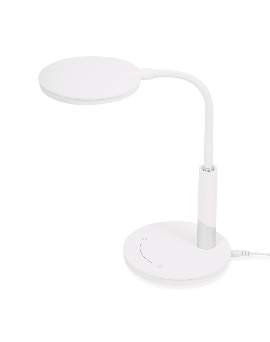 Biała lampka biurkowa Dino LED, z okrągłą głowicą i elastycznym ramieniem, stojąca na okrągłej podstawie. Widoczne przyciski na podstawie do regulacji. Całość w minimalistycznym stylu, wykonana z plastiku i metalu.