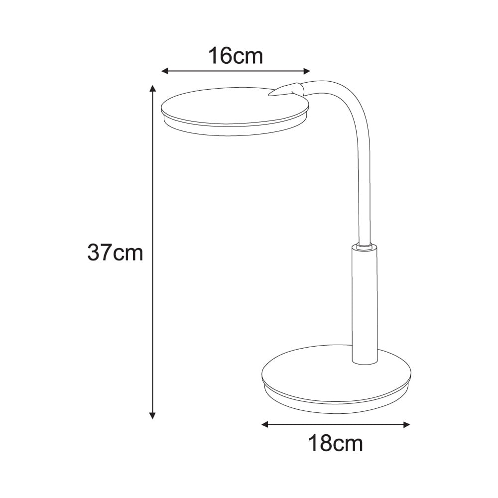 Lampka biurkowa Dino LED w kolorze białym, wysokość 37 cm, średnica podstawy 18 cm, średnica klosza 16 cm. Elastyczna szyjka umożliwia regulację kierunku światła. Prosta, nowoczesna forma, idealna do biura lub domu.