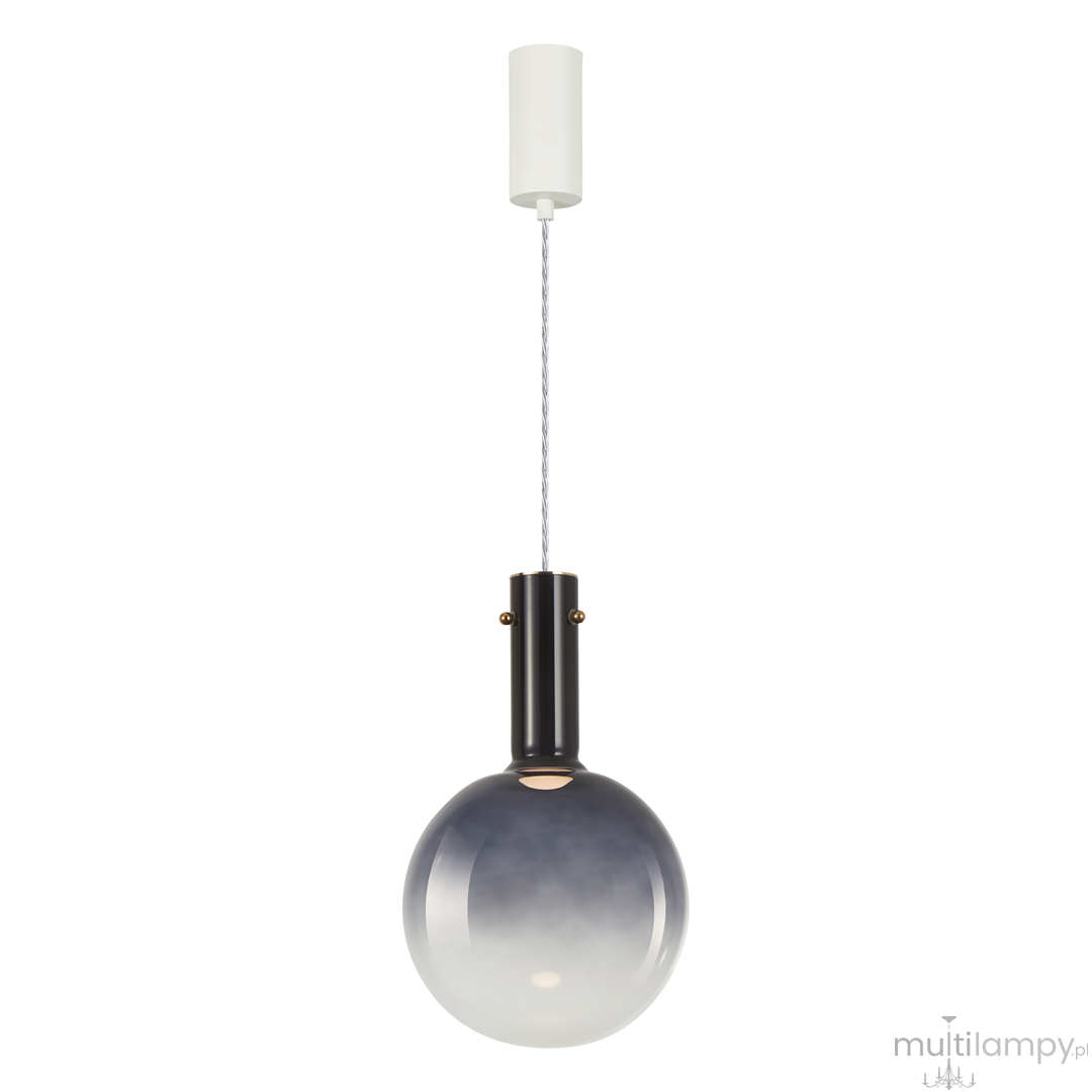 Czarna lampa wisząca Toronto z jedną oprawą GU10, z metalowym trzonem i szklanym kloszem w gradiencie od przezroczystego do czarnego. Ujęcie z boku, zwisająca na cienkim przewodzie, z białym mocowaniem sufitowym. Idealna do nowoczesnych wnętrz.