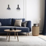 Czarna lampa wisząca Toronto z jednym miejscem na żarówkę GU10, zawieszona w eleganckim wnętrzu. Lampa ma szklany klosz, stylowo oświetlając niebieską sofę i drewniany stolik z czarnymi akcesoriami.