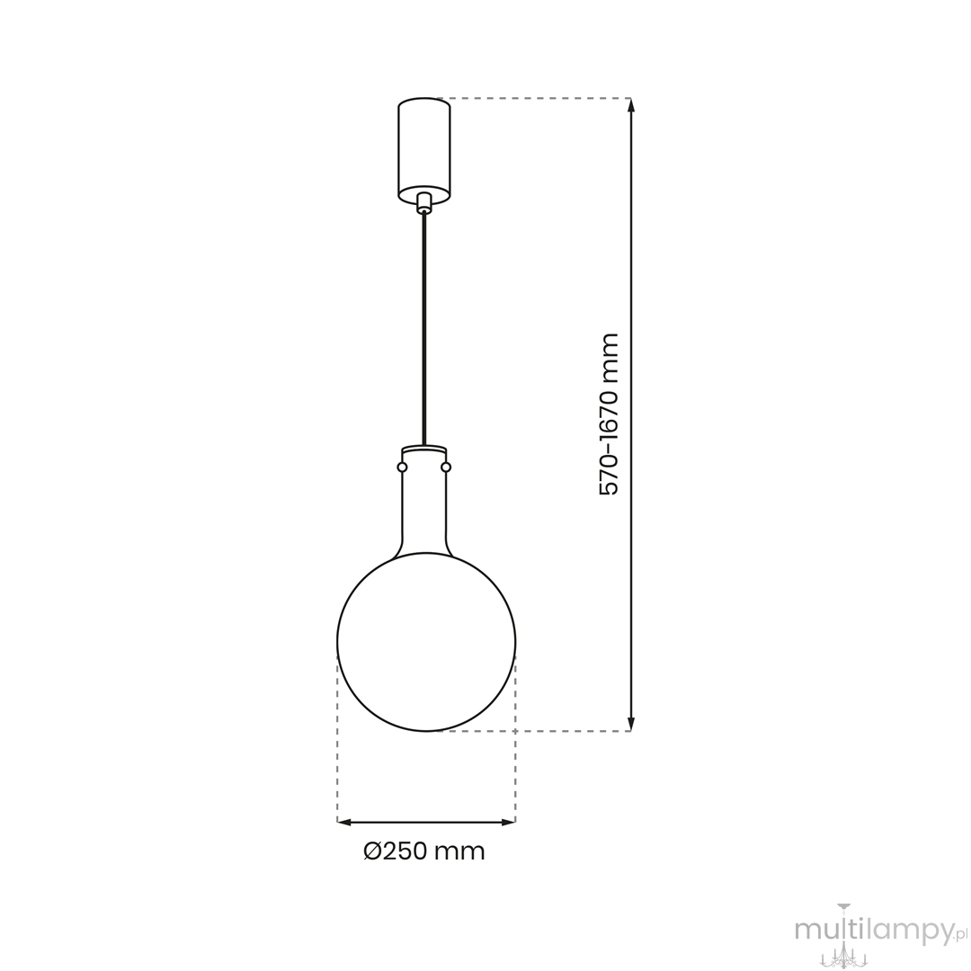 Czarna lampa wisząca Toronto z jednym gniazdem GU10, okrągła kula o średnicy 250 mm, zawieszona na regulowanym przewodzie o długości 570-1670 mm. Prosty, elegancki design, idealna do nowoczesnych wnętrz.