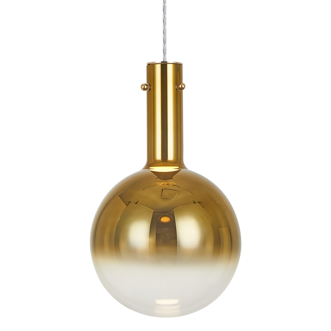 Lampa wisząca Toronto w kolorze złotym z opalizującym kloszem. Okrągły kształt z metalowym wykończeniem, zawieszona na cienkim przewodzie. W górnej części widoczne dwa mocowania. Przeznaczona na żarówkę GU10.