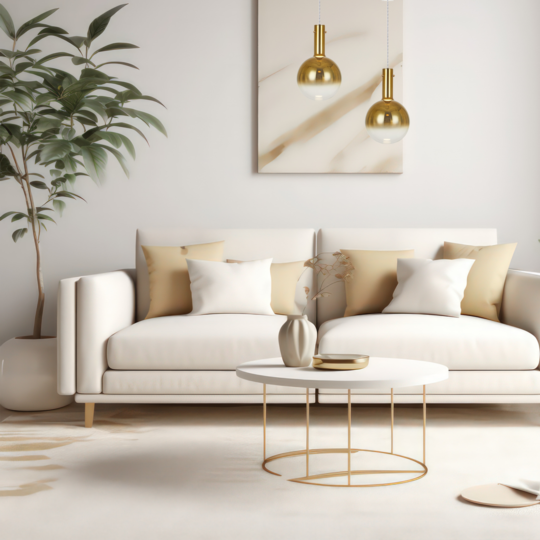 Lampa wisząca Toronto 1xGU10 w kolorze złotym, zawieszona nad białą sofą z poduszkami w odcieniach beżu. Dwa kuliste klosze z metalicznymi elementami, w minimalistycznym wnętrzu z roślinnością oraz okrągłym stolikiem kawowym.