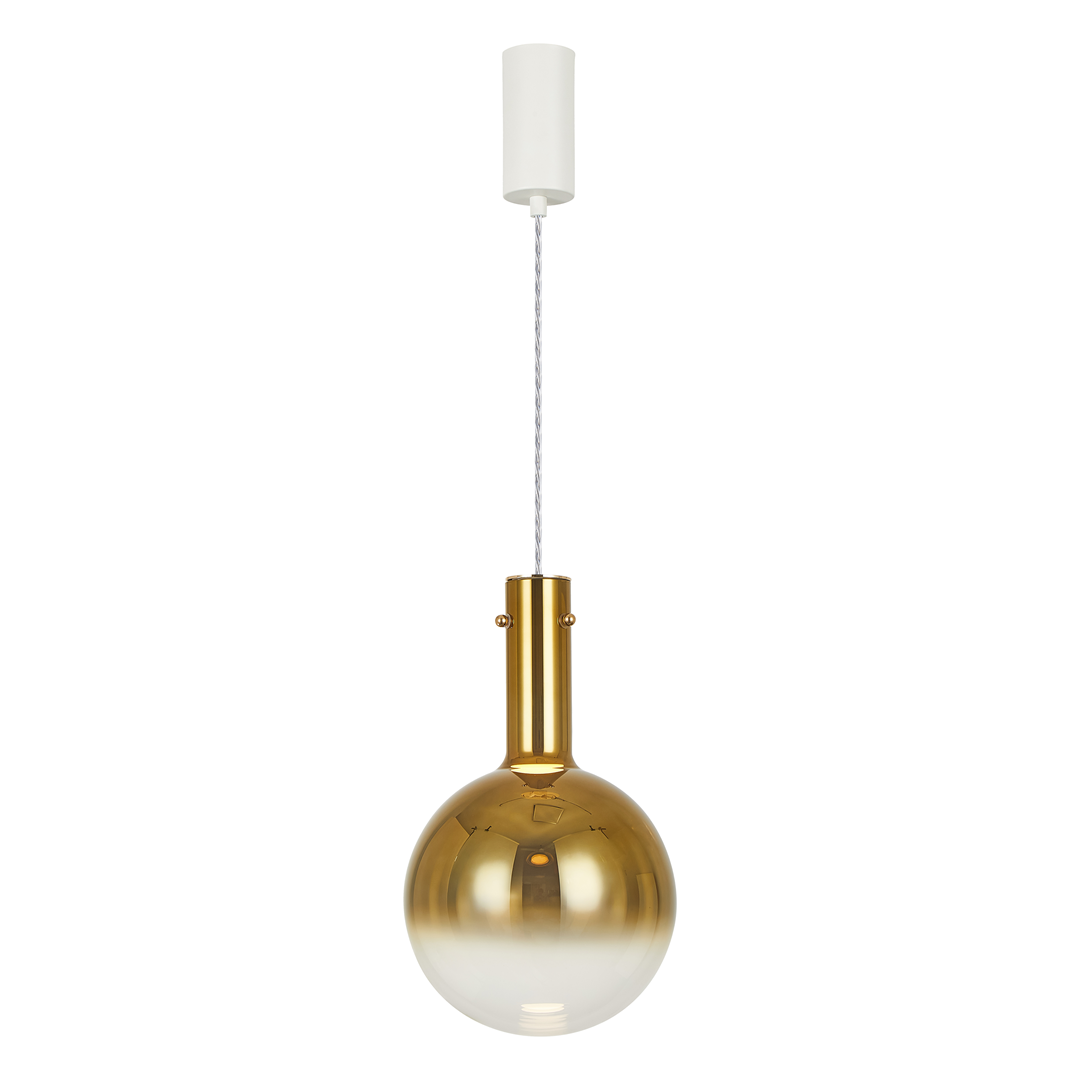 Lampa wisząca Toronto 1xGU10 w kolorze złotym z okrągłym kloszem i metalowym mocowaniem. Wisi na białym przewodzie, z białym uchwytem sufitowym. Średnica klosza jest widoczna, a jego powierzchnia ma połysk.