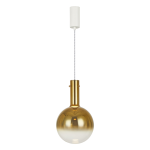 Lampa wisząca Toronto 1xGU10 w kolorze złotym z okrągłym kloszem i metalowym mocowaniem. Wisi na białym przewodzie, z białym uchwytem sufitowym. Średnica klosza jest widoczna, a jego powierzchnia ma połysk.