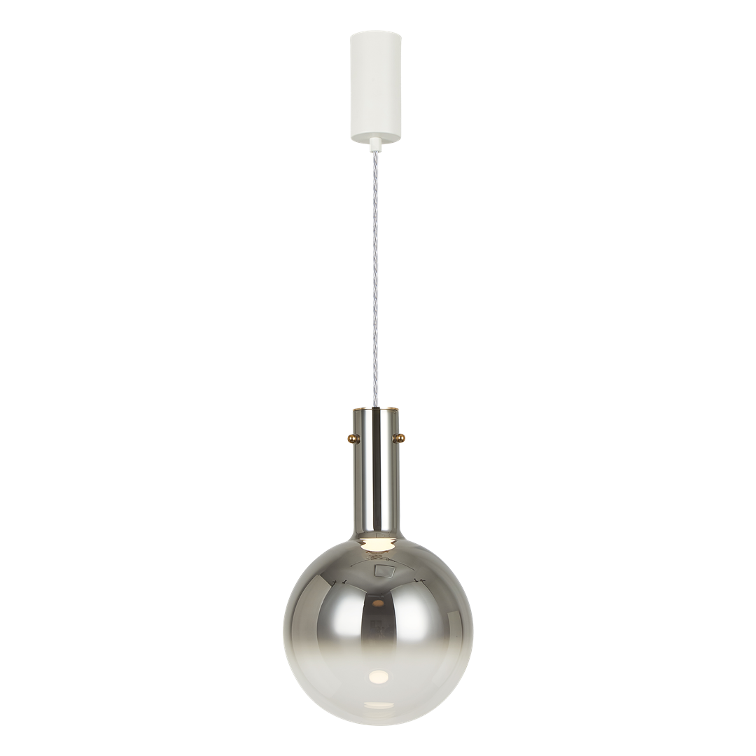 Lampa wisząca Toronto z chromowanym kloszem w kształcie kuli, zawieszona na przezroczystym przewodzie. Metalowa podstawka z elementami złotymi. Idealna do nowoczesnych wnętrz, z oprawą na żarówkę GU10.