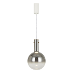 Lampa wisząca Toronto z chromowanym kloszem w kształcie kuli, zawieszona na przezroczystym przewodzie. Metalowa podstawka z elementami złotymi. Idealna do nowoczesnych wnętrz, z oprawą na żarówkę GU10.