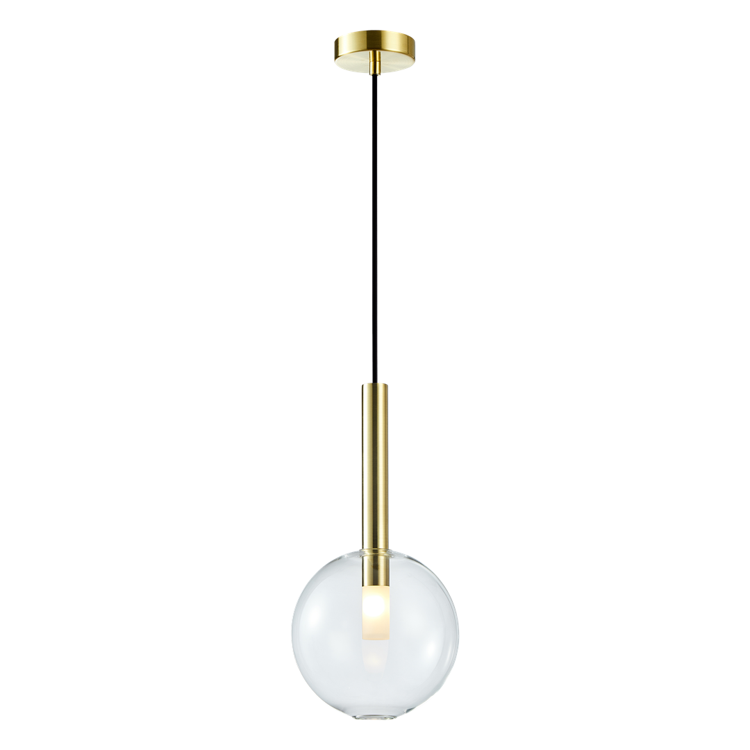 Lampa wisząca Niko D20 z jedną oprawą G9. Złoty uchwyt oraz przezroczysta, okrągła klosz z mlecznego szkła. Zawieszona na cienkim, czarnym przewodzie. Idealna do nowoczesnych wnętrz.