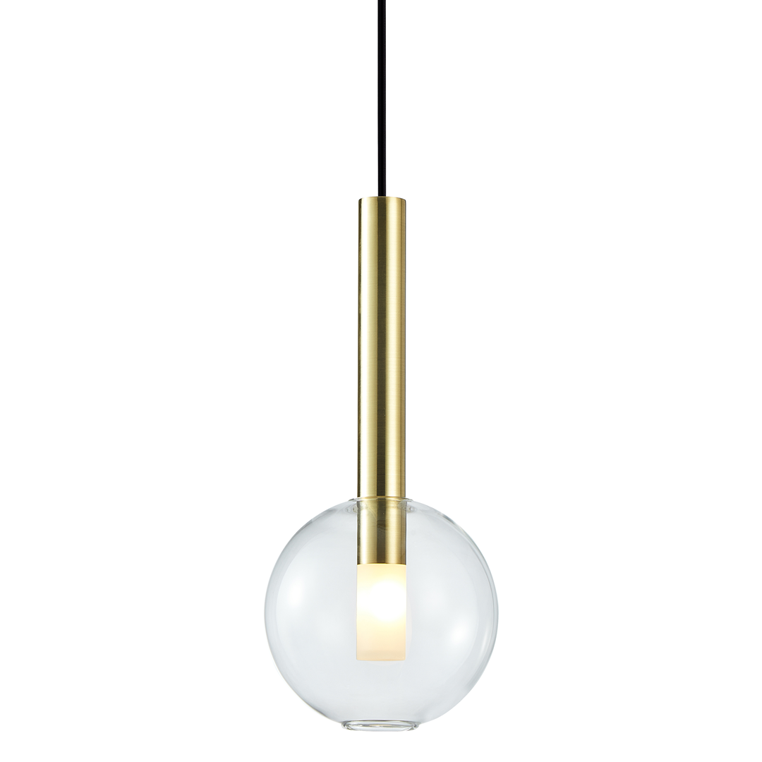 Lampa wisząca Niko D15 z jednym źródłem światła G9, z metalowym złotym trzonem i szklanym kloszem w kształcie kuli. Produkt zawieszony na czarnym kablu, widok frontalny. Idealna do nowoczesnych aranżacji wnętrz.