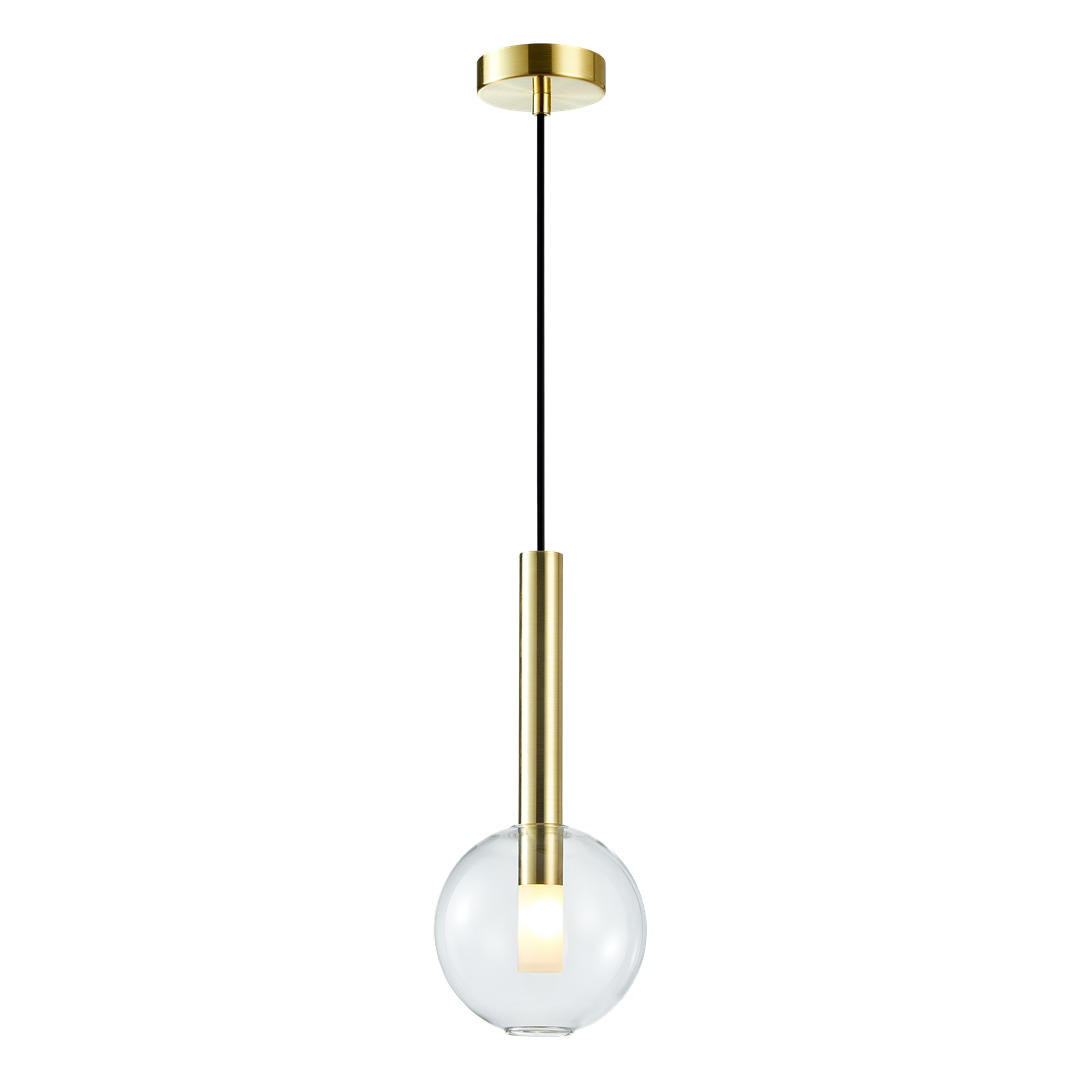 Lampa wisząca Niko D15 z jednym źródłem światła G9, złota, z przezroczystym, okrągłym kloszem. Długi, minimalistyczny uchwyt w kolorze złotym, zawieszona na czarnym przewodzie. Prosta konstrukcja, idealna do nowoczesnych wnętrz.
