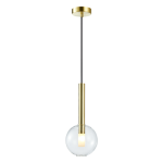Lampa wisząca Niko D15 z jednym źródłem światła G9, złota, z przezroczystym, okrągłym kloszem. Długi, minimalistyczny uchwyt w kolorze złotym, zawieszona na czarnym przewodzie. Prosta konstrukcja, idealna do nowoczesnych wnętrz.