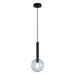 Lampa wisząca Niko D15 z czarnym metalowym uchwytem i przezroczystą kulistą kloszem, zawieszona na cienkim kablu. Źródło światła G9 umieszczone w centralnej części klosza. Prosty, nowoczesny design.