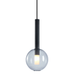 Lampa wisząca Niko D15 z jedną oprawą G9, z czarnym metalowym uchwytem i szklaną, przezroczystą kulą. Produkt zawieszony na czarnym przewodzie, z widocznym źródłem światła wewnątrz.