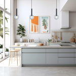 Lampa wisząca Niko D15 w kolorze czarnym, z jednym gniazdem G9. Stylowy, cylindryczny kształt, zawieszona w nowoczesnej kuchni. W tle widoczne rośliny oraz dekoracyjne obrazy na ścianie.