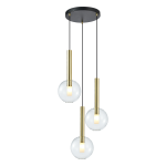 Lampa wisząca Niko z trzema źródłami światła G9. Złote metalowe elementy z długimi uchwytami i przezroczystymi kulistymi kloszami. Ujęcie z przodu, zawieszona na czarnym przewodzie z okrągłym mocowaniem sufitowym.
