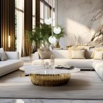 Lampa wisząca Niko 3xG9 w złotym kolorze, z trzema okrągłymi kloszami w kolorze białym, zawieszona nad okrągłym stolikiem w eleganckim wnętrzu z jasnymi kanapami i roślinnością. Kąt ujęcia z boku, pokazujący detale aranżacji.
