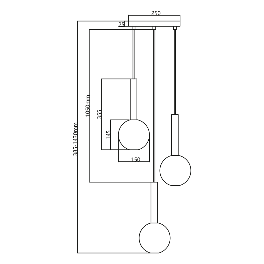 Lampa wisząca Niko 3xG9 w kolorze złotym, z trzema okrągłymi kloszami. Ułożona w pionie z regulowaną wysokością (385-1430 mm). Kwadratowy strop o wymiarach 250x250 mm. Wymiary kloszy: 150 mm. Prosta, nowoczesna forma.