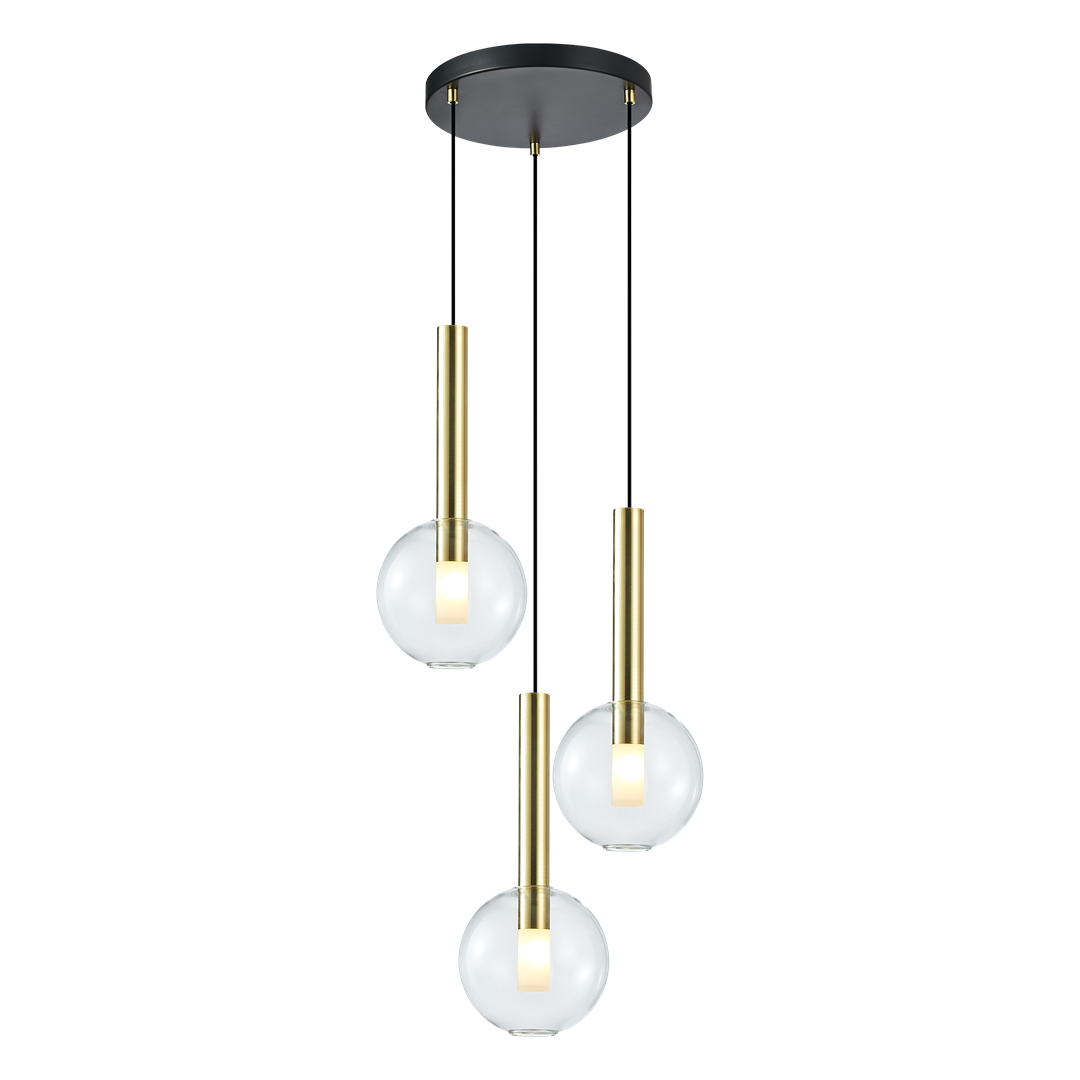 Lampa wisząca Niko 3xG9 w kolorze złotym, składająca się z trzech szklanych kul z białym kloszem, zawieszonych na cienkich, czarnych linkach. Metalowe, złote elementy podkreślają nowoczesny wygląd. Montowana sufitowo.